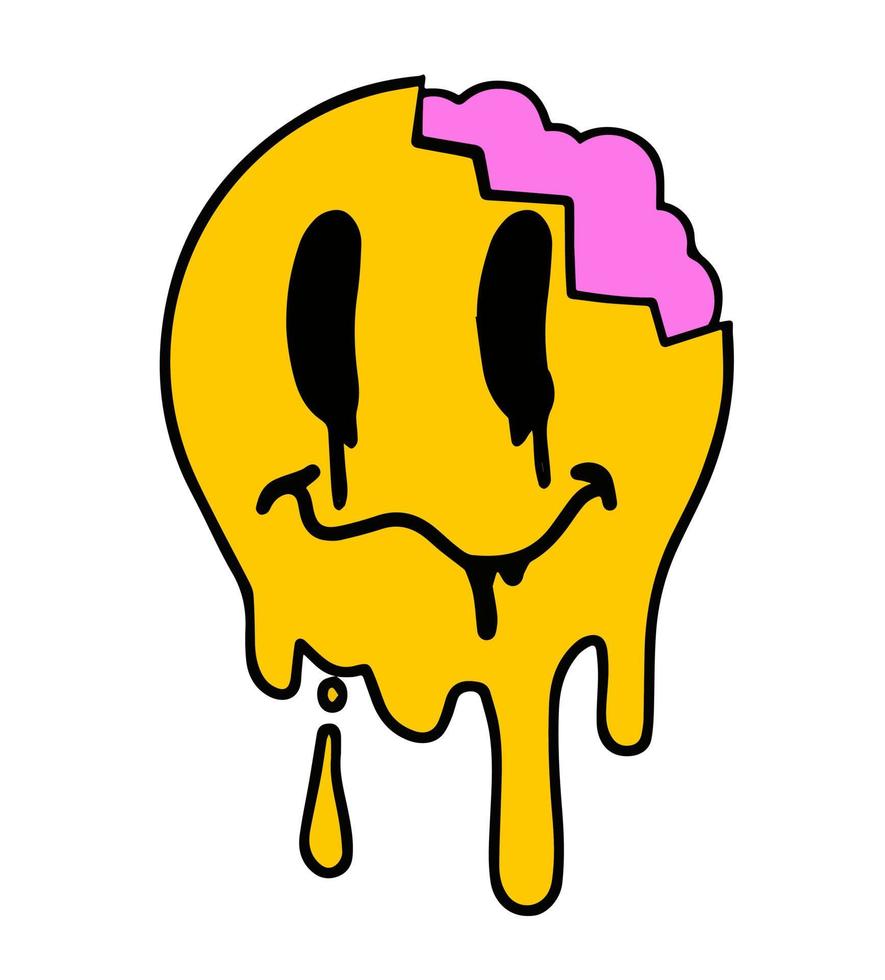 Acid smile face with brain. Melted rave and techno symbol of 90s. Trendy Psychedelic print vector