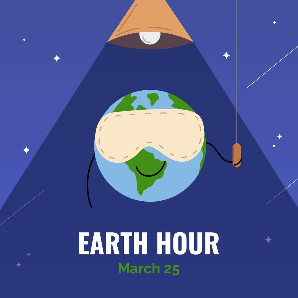 póster de la hora del planeta que representa al planeta tierra con la máscara para dormir cambiando la luz. ilustración de estilo plano de vector de hora terrestre. ilustración de estilo de dibujos animados de la hora de la tierra.