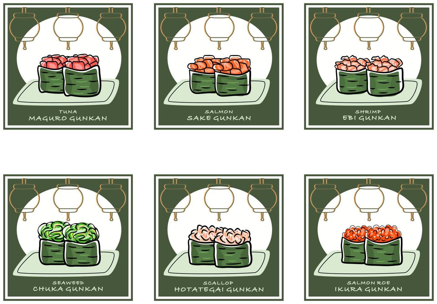 Asian food collection. Gunkan maki sushi sets with different fillings. Seaweed, tuna, salmon, scallop, shrimps, eel, caviar. vector