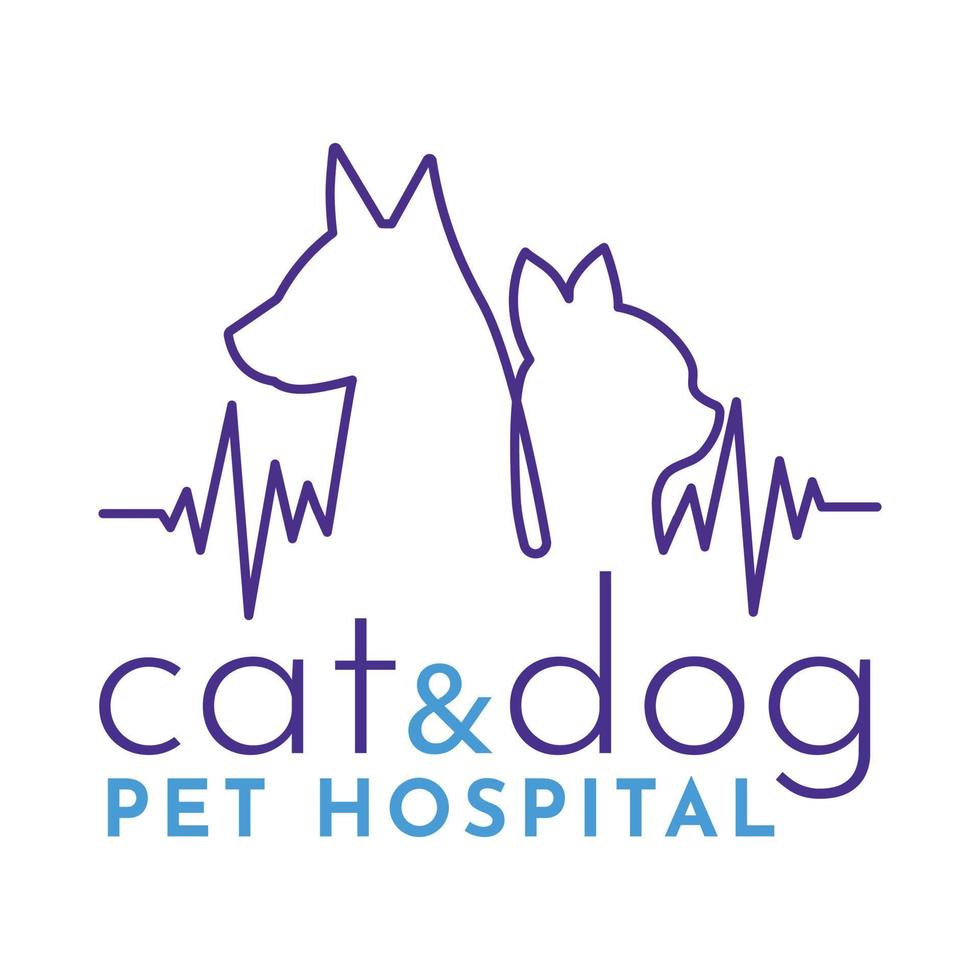 Cat and dog line drawing, pet hospital logo with heart rate vector