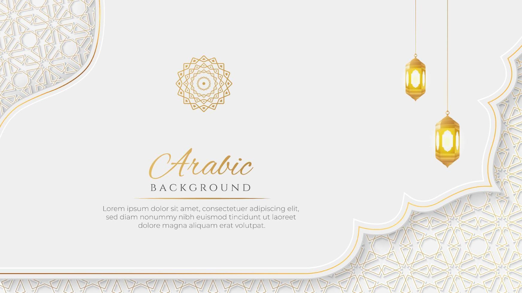 Arabic Islamic Elegant Luxury White and Golden Ornamental Background with Decorative Islamic Lanterns vector