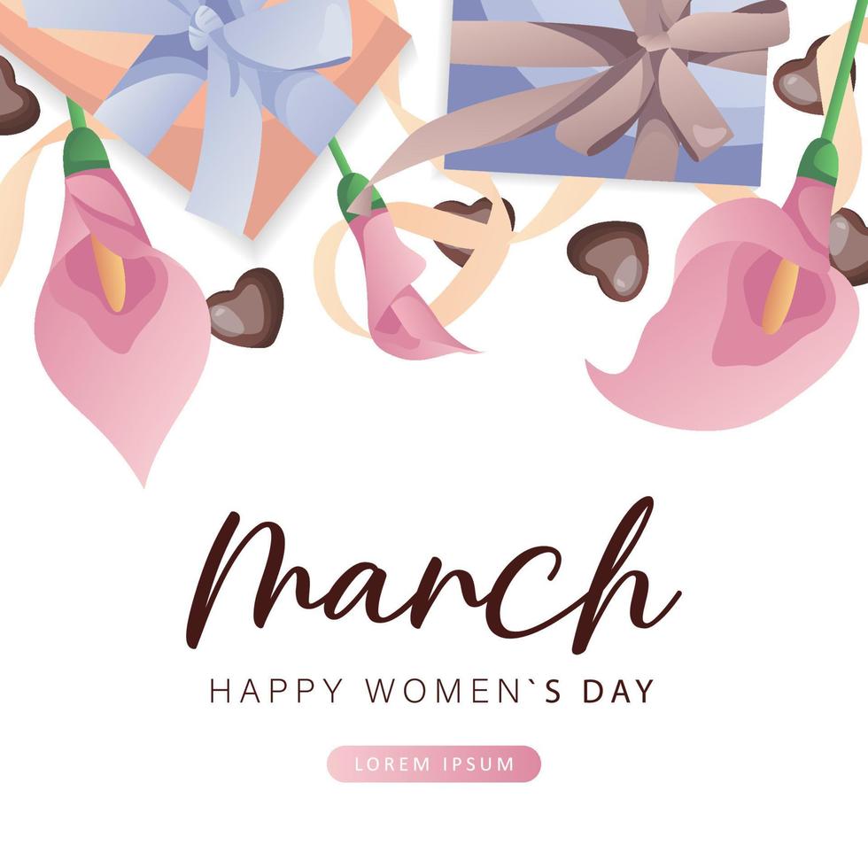 International Women's Day, 8 March banner design with number eight, pink calla lilies, chocolate hearts, gifts, ribbons. Romantic floral Mother's Day design for greeting card, poster, postcard, flyer. vector