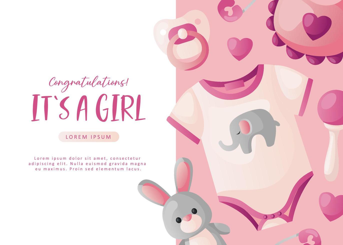 Baby shower invitation with boho soft toy, soother, heart, rattle, clothes, feeding bib on pink. Lettering It's a girl. Hello baby celebration, holiday, event. Banner, flyer. vector