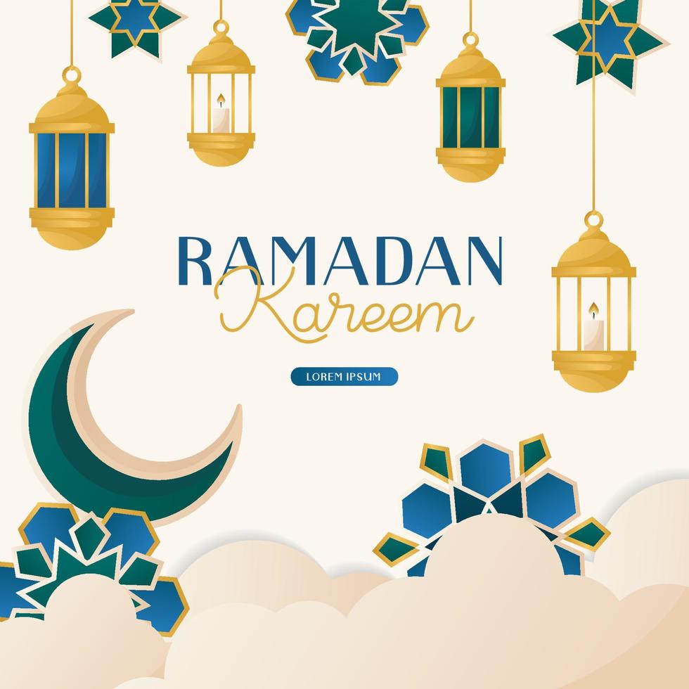 Ramadan Kareem card with moon crescent, traditional lanterns. Invitations with islamic geometric patterns, arabesque. Glorious month of muslim year, holy holiday. Banner, flyer, advertising. vector