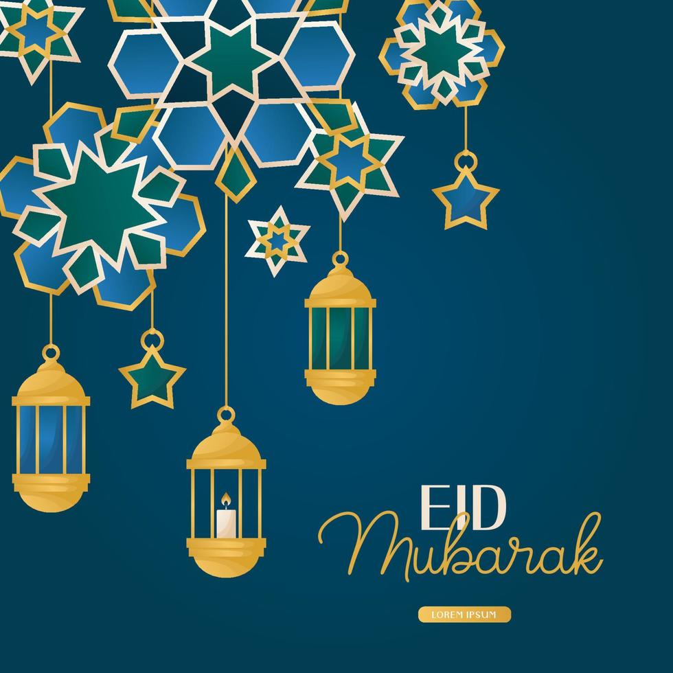 Ramadan Kareem Eid Mubarak card with traditional lanterns. Invitations with islamic geometric patterns, arabesque. Glorious month of muslim year, holy holiday. Banner, flyer, advertising. vector
