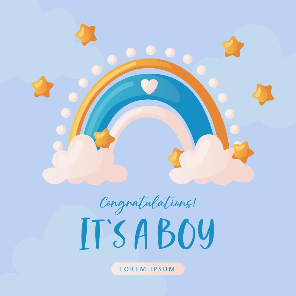 Baby shower invitation with boho rainbow, stars, and clouds on blue. Lettering It's a boy. Hello baby celebration, holiday, event. Banner, flyer. Cartoon vector