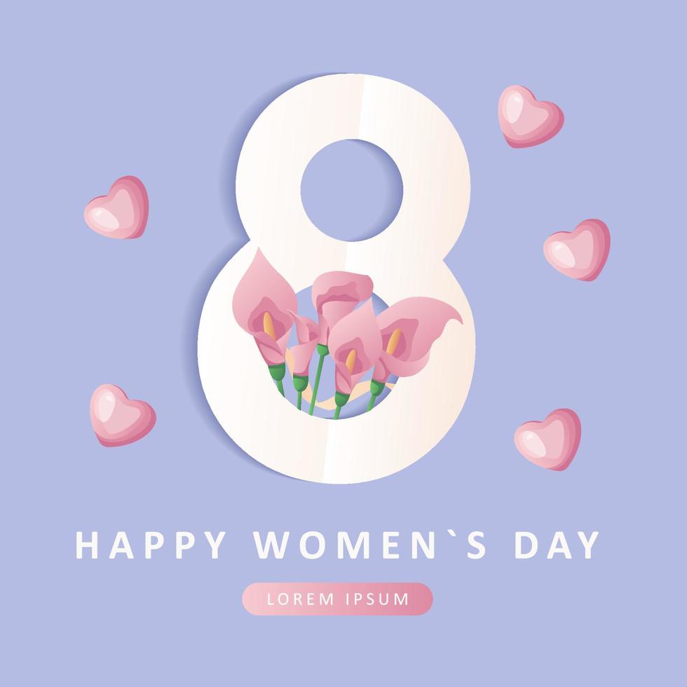 International Women's Day, 8 March banner design with number eight, pink calla lilies, chocolate hearts, gifts, ribbons. Romantic floral Mother's Day design for greeting card, poster, postcard, flyer. vector