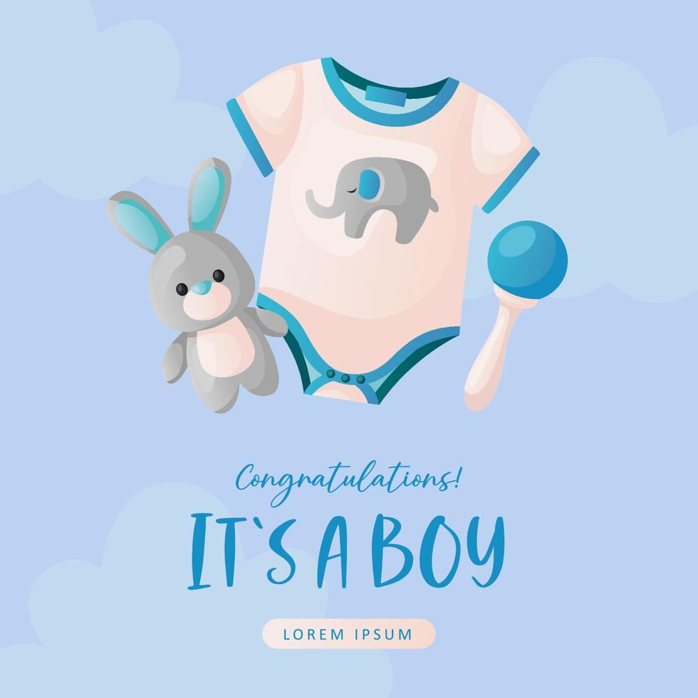 Baby shower invitation with clothes, rabbit soft toy, rattle on blue. Lettering It's a boy. Hello baby celebration, holiday, event. Banner, flyer. vector