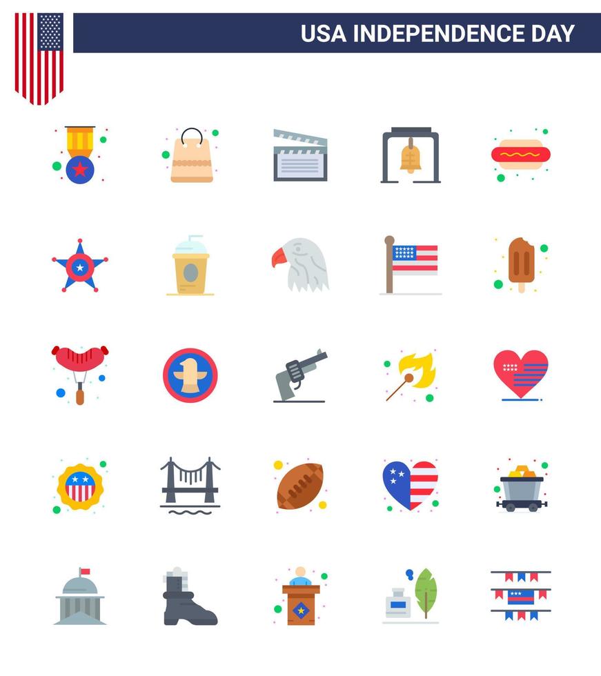 paquete plano de 25 símbolos del día de la independencia de estados unidos de la campana de la iglesia del perro alerta de campana de navidad americana elementos de diseño vectorial del día de estados unidos editables vector