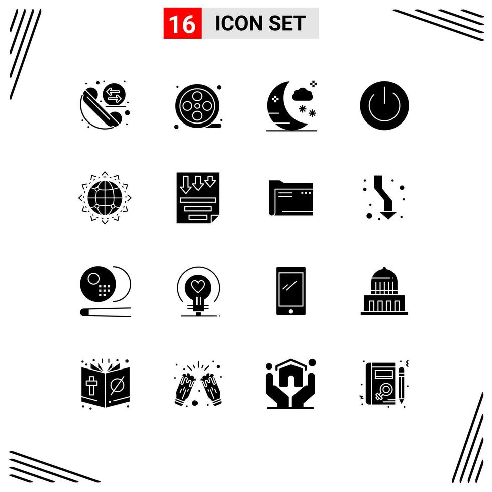 User Interface Pack of 16 Basic Solid Glyphs of seo world holiday power energy Editable Vector Design Elements