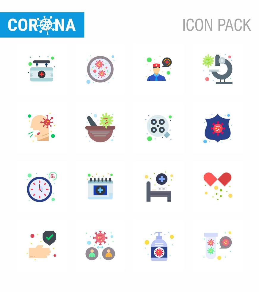 Covid19 icon set for infographic 16 Flat Color pack such as people healthcare consultation cough microscope viral coronavirus 2019nov disease Vector Design Elements