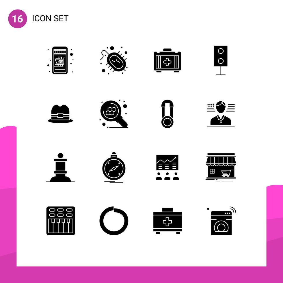 16 Thematic Vector Solid Glyphs and Editable Symbols of man hat bag technology products Editable Vector Design Elements