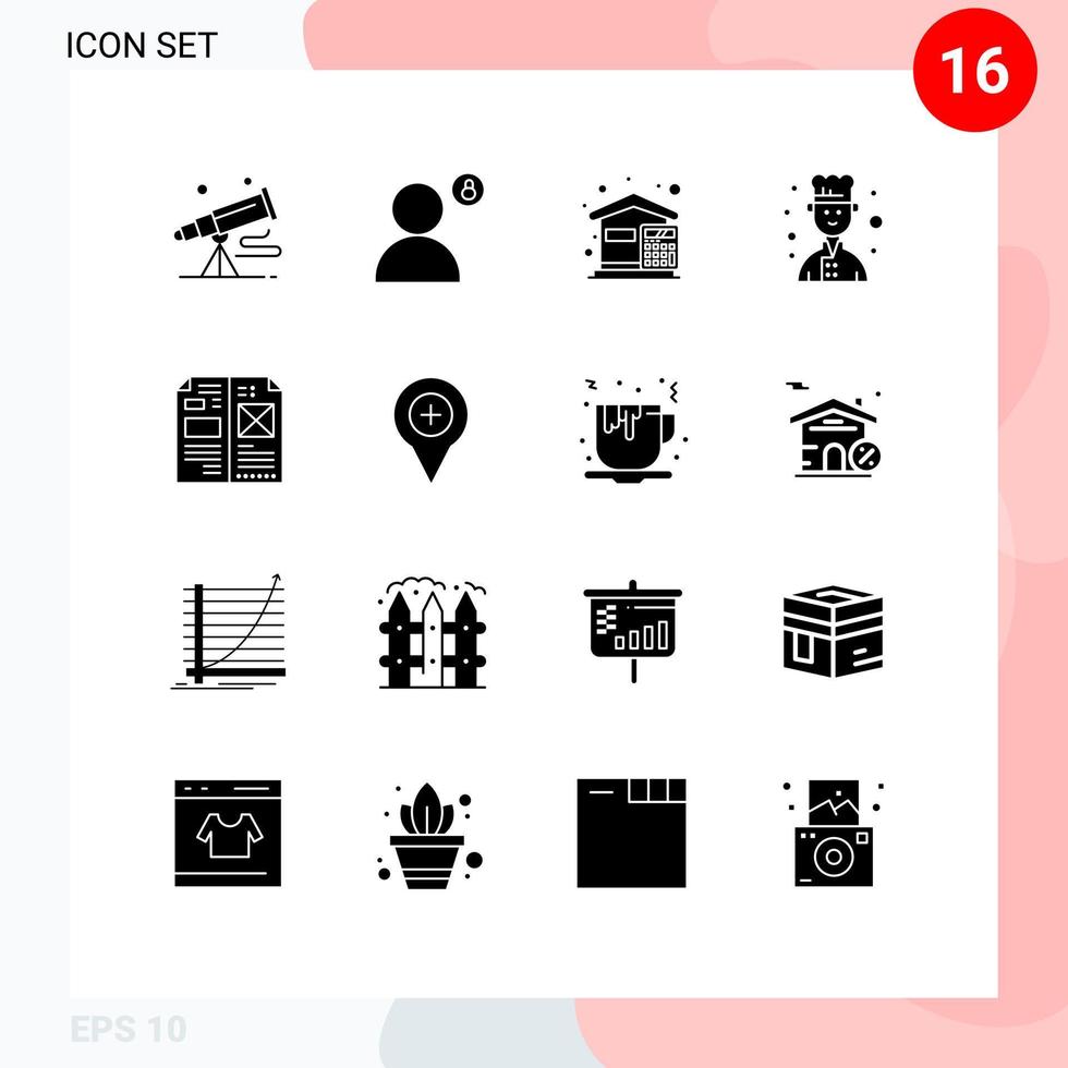 Mobile Interface Solid Glyph Set of 16 Pictograms of cook avatar privacy house costs Editable Vector Design Elements