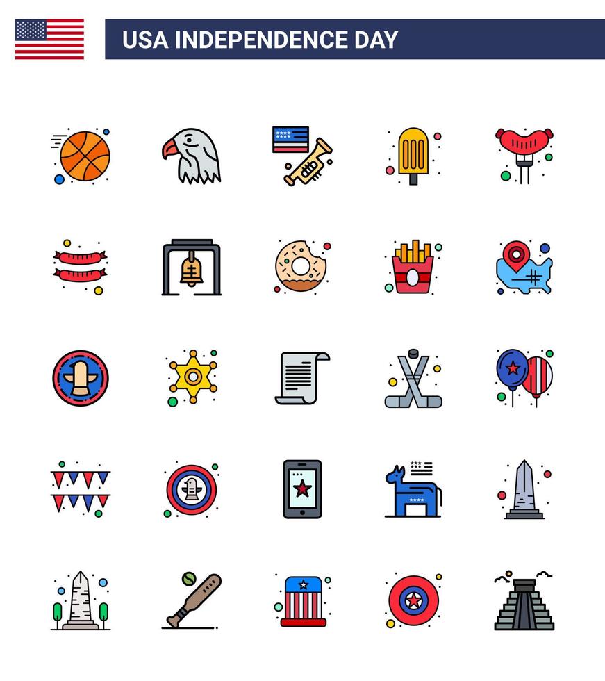 Happy Independence Day USA Pack of 25 Creative Flat Filled Lines of alert frankfurter speaker food food Editable USA Day Vector Design Elements