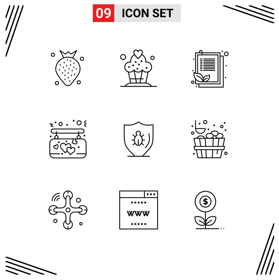 Editable Vector Line Pack of 9 Simple Outlines of protect bug clipboard love board Editable Vector Design Elements