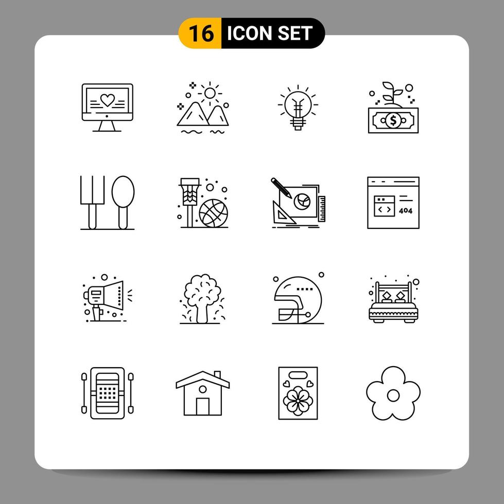 16 User Interface Outline Pack of modern Signs and Symbols of invest business summer light idea Editable Vector Design Elements