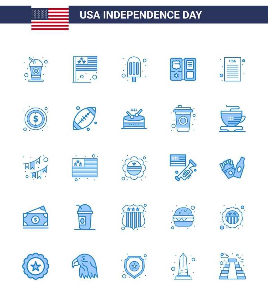 Pack of 25 USA Independence Day Celebration Blues Signs and 4th July Symbols such as democratic declaration cream star shield Editable USA Day Vector Design Elements