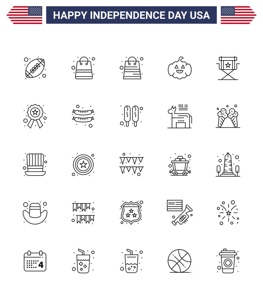 Set of 25 USA Day Icons American Symbols Independence Day Signs for police television pumkin star director Editable USA Day Vector Design Elements