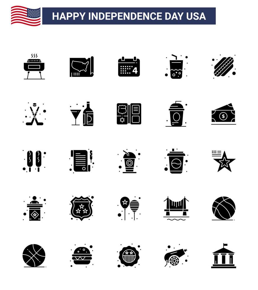 Modern Set of 25 Solid Glyph and symbols on USA Independence Day such as hotdog cola calender summer glass Editable USA Day Vector Design Elements