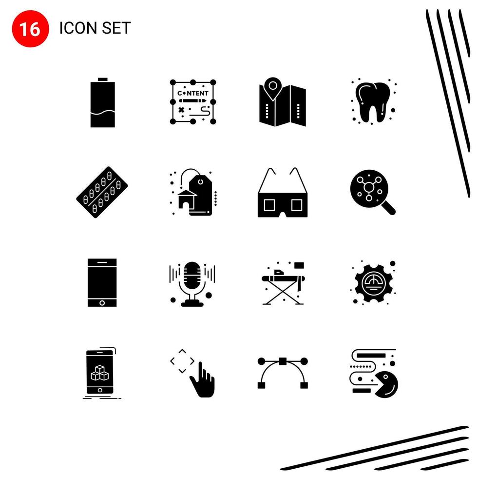 16 Universal Solid Glyphs Set for Web and Mobile Applications pill tooth design dentist location Editable Vector Design Elements