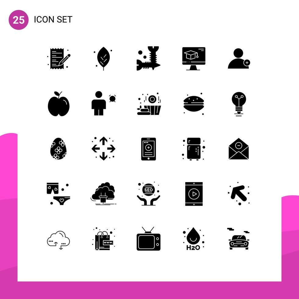 Pack of 25 creative Solid Glyphs of new graduation screw education computer Editable Vector Design Elements