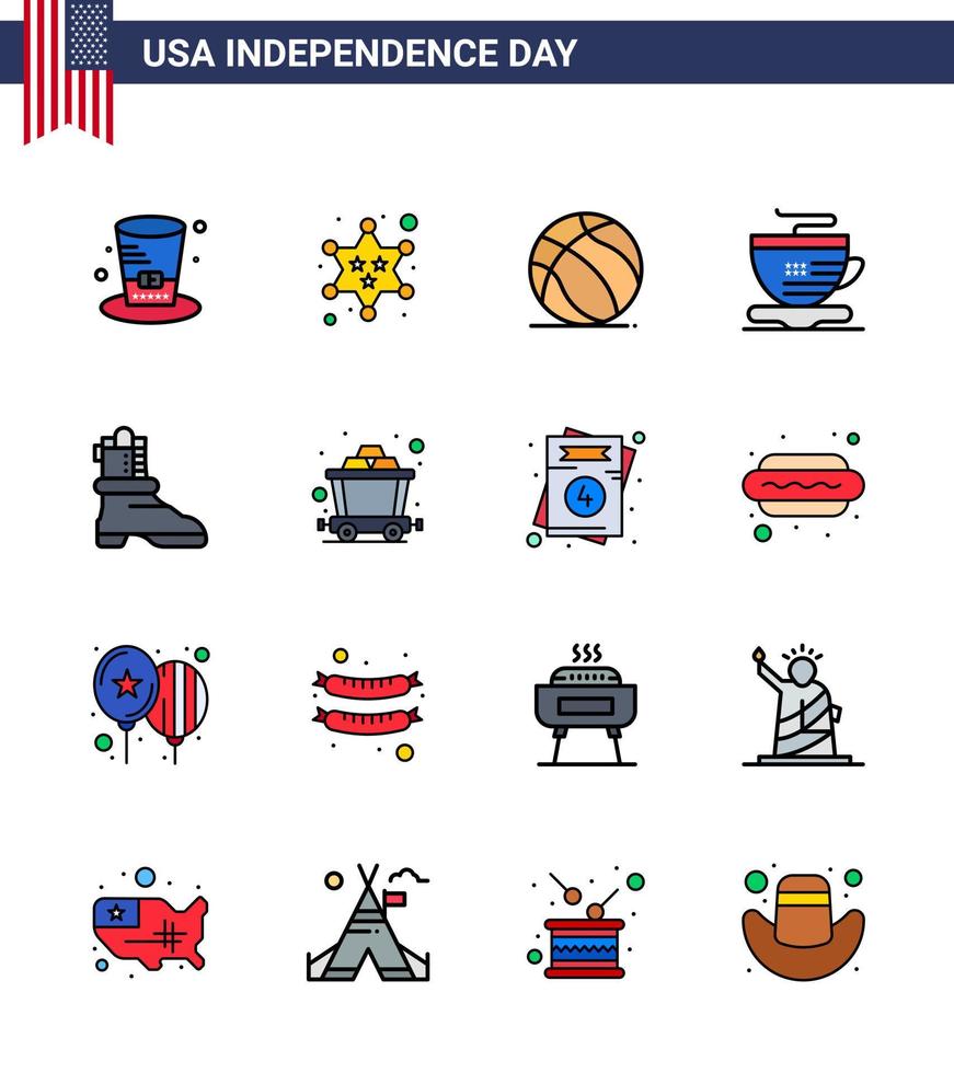 Group of 16 Flat Filled Lines Set for Independence day of United States of America such as american shose football coffee tea Editable USA Day Vector Design Elements