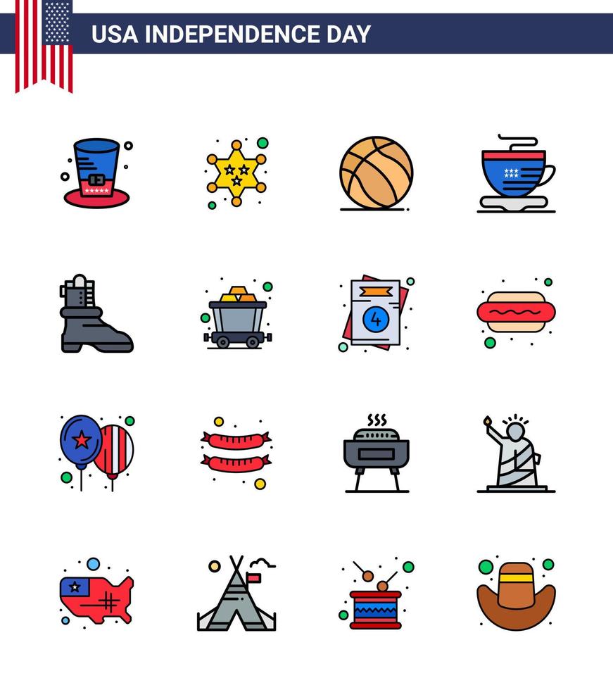 grupo de 16 líneas rellenas planas establecidas para el día de la independencia de los estados unidos de américa, como los elementos de diseño vectorial del día de ee.uu. vector