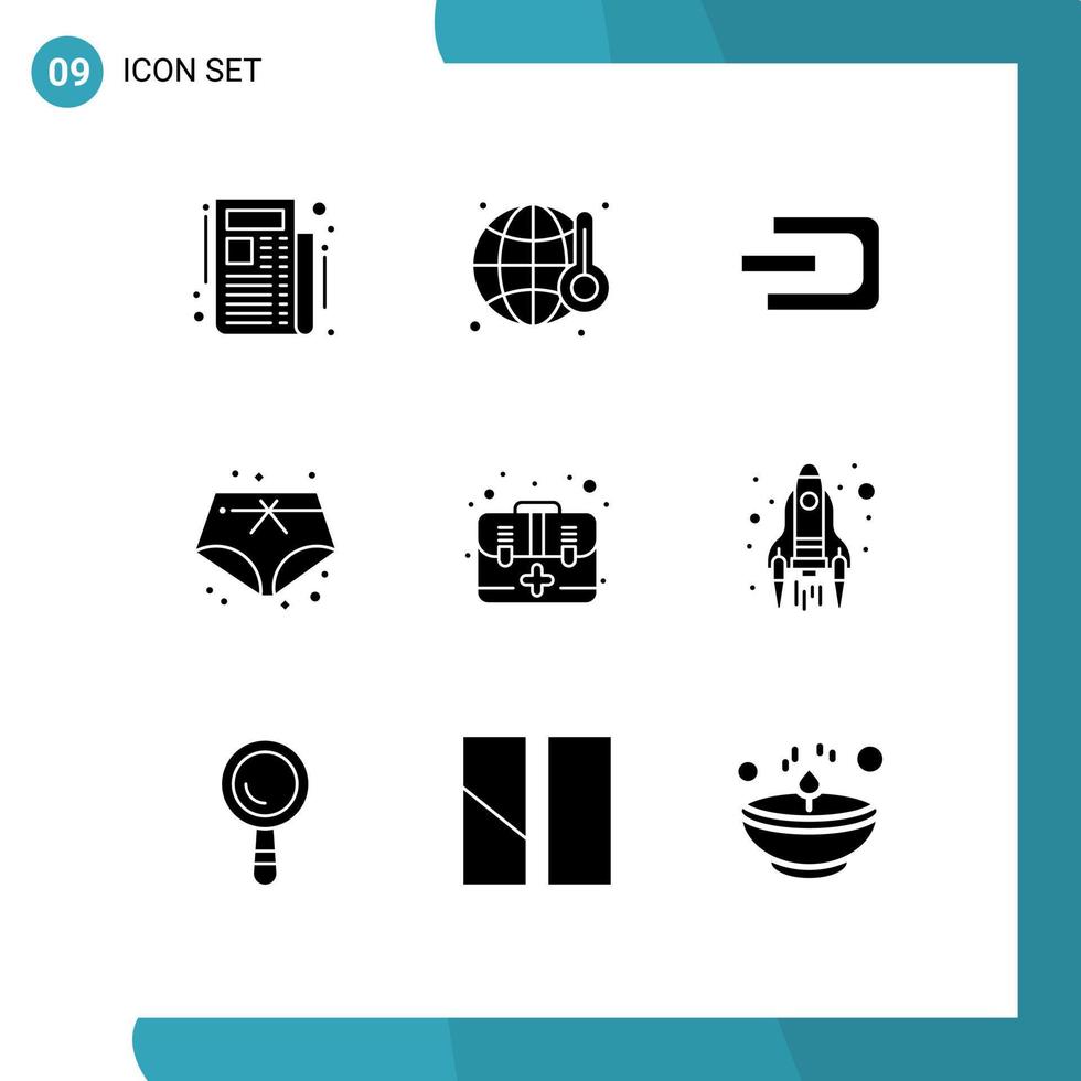 Modern Set of 9 Solid Glyphs Pictograph of kit emergency coin aid summer Editable Vector Design Elements