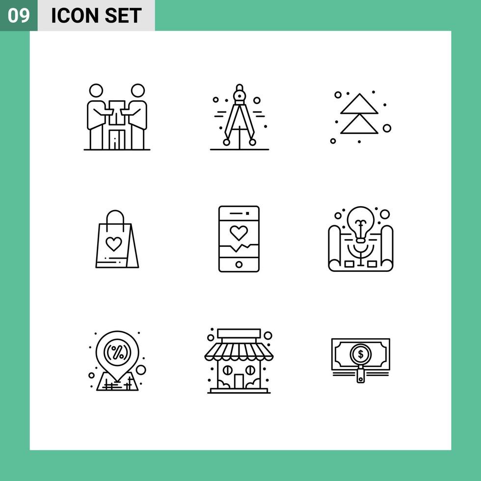 símbolos de iconos universales grupo de 9 contornos modernos de bolsa de correr flecha regalo compras elementos de diseño vectorial editables vector