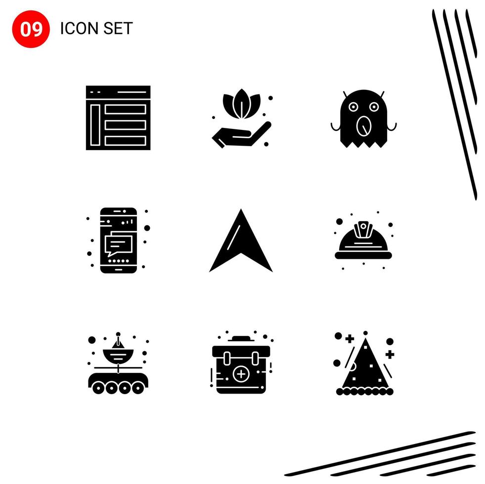 Group of 9 Modern Solid Glyphs Set for pointer location monster text mobile Editable Vector Design Elements