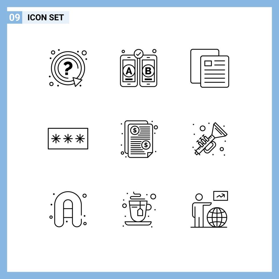 Modern Set of 9 Outlines Pictograph of invoice pin school password key Editable Vector Design Elements