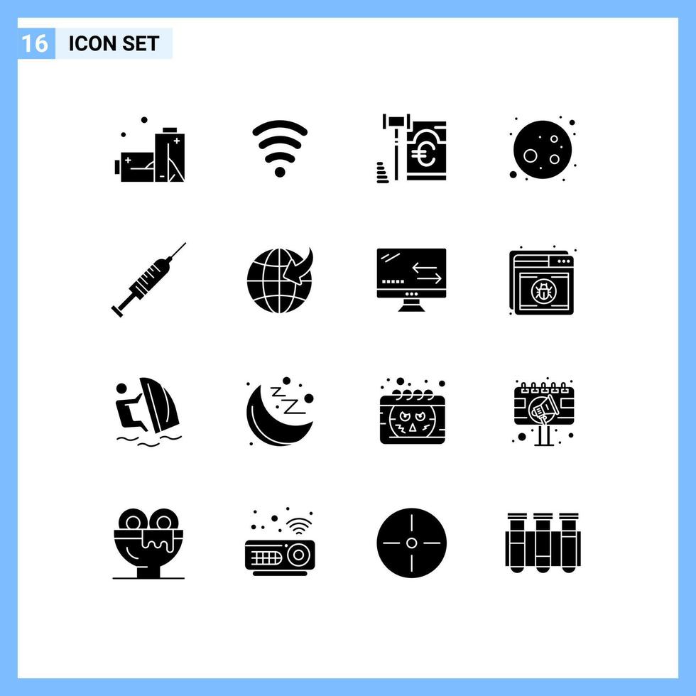 Group of 16 Solid Glyphs Signs and Symbols for shot vaccine security injection planet Editable Vector Design Elements