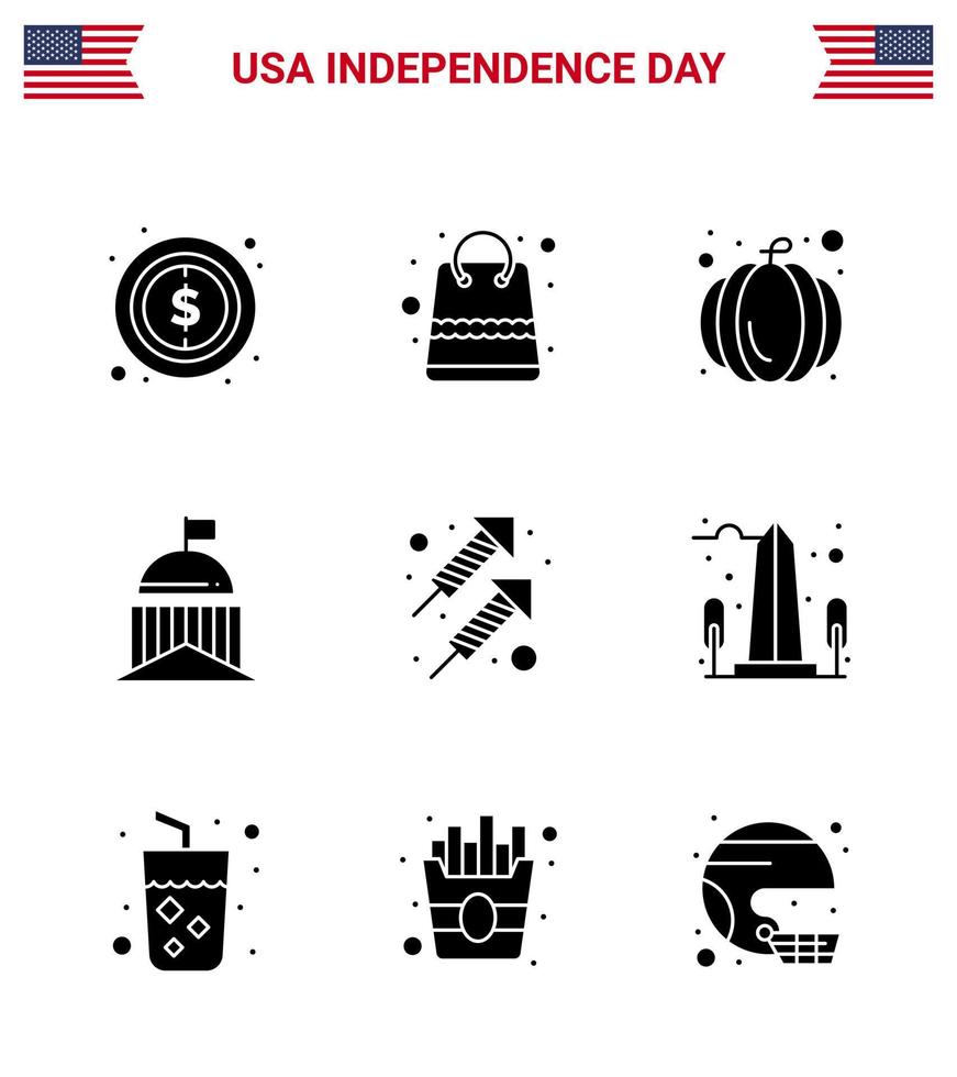 Big Pack of 9 USA Happy Independence Day USA Vector Solid Glyphs and Editable Symbols of fire irish american ireland flag Editable USA Day Vector Design Elements