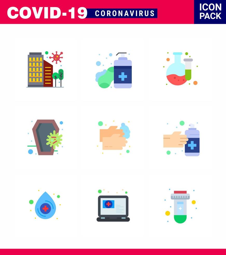 icono de consejos de precaución de coronavirus para la presentación de pautas de atención médica 9 paquete de iconos de color plano como el desinfectante de muerte del cráneo laboratorio de coronavirus coronavirus viral 2019nov diseño de vector de enfermedad