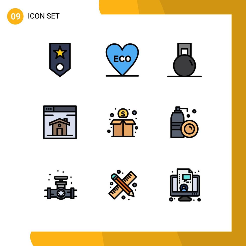 Modern Set of 9 Filledline Flat Colors Pictograph of crowd page environment home weight Editable Vector Design Elements