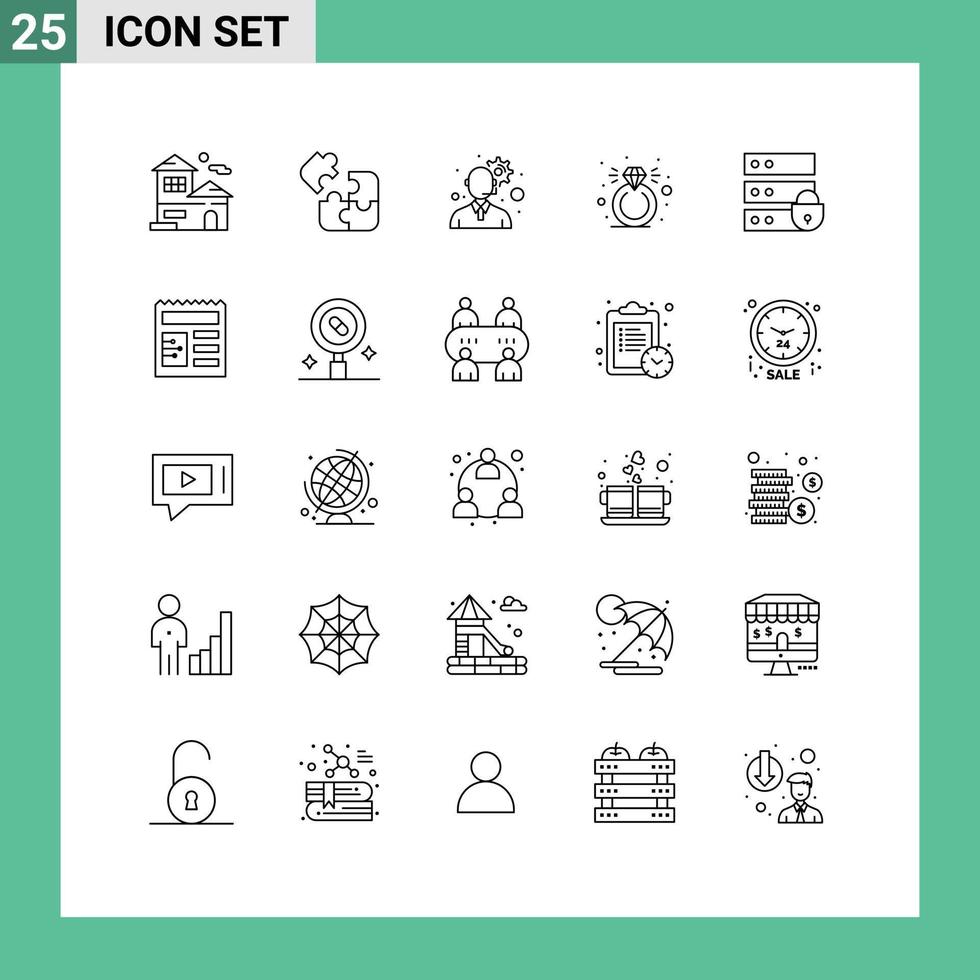 paquete de 25 líneas modernas, signos y símbolos para medios de impresión web, como dispositivos de seguridad de Internet, anillos cuadrados, elementos de diseño de vectores editables de diamantes