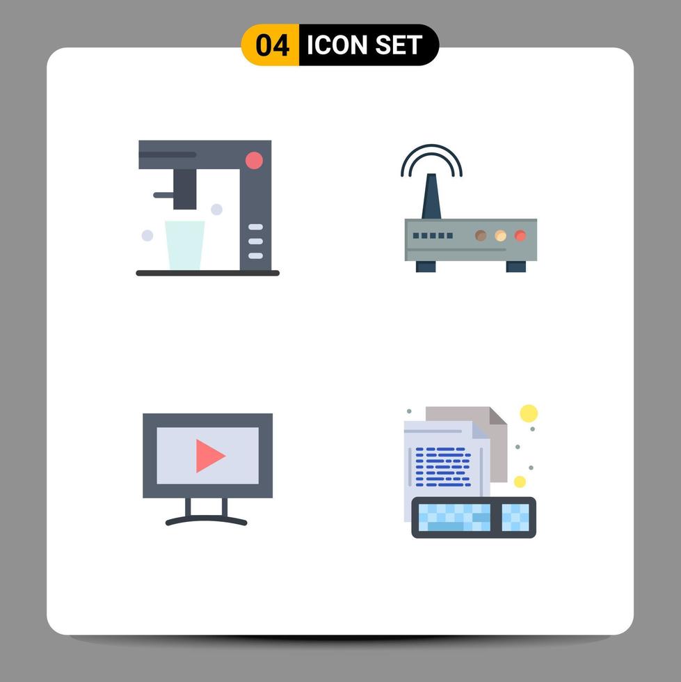 4 Universal Flat Icons Set for Web and Mobile Applications coffee maker monitor food wifi video Editable Vector Design Elements