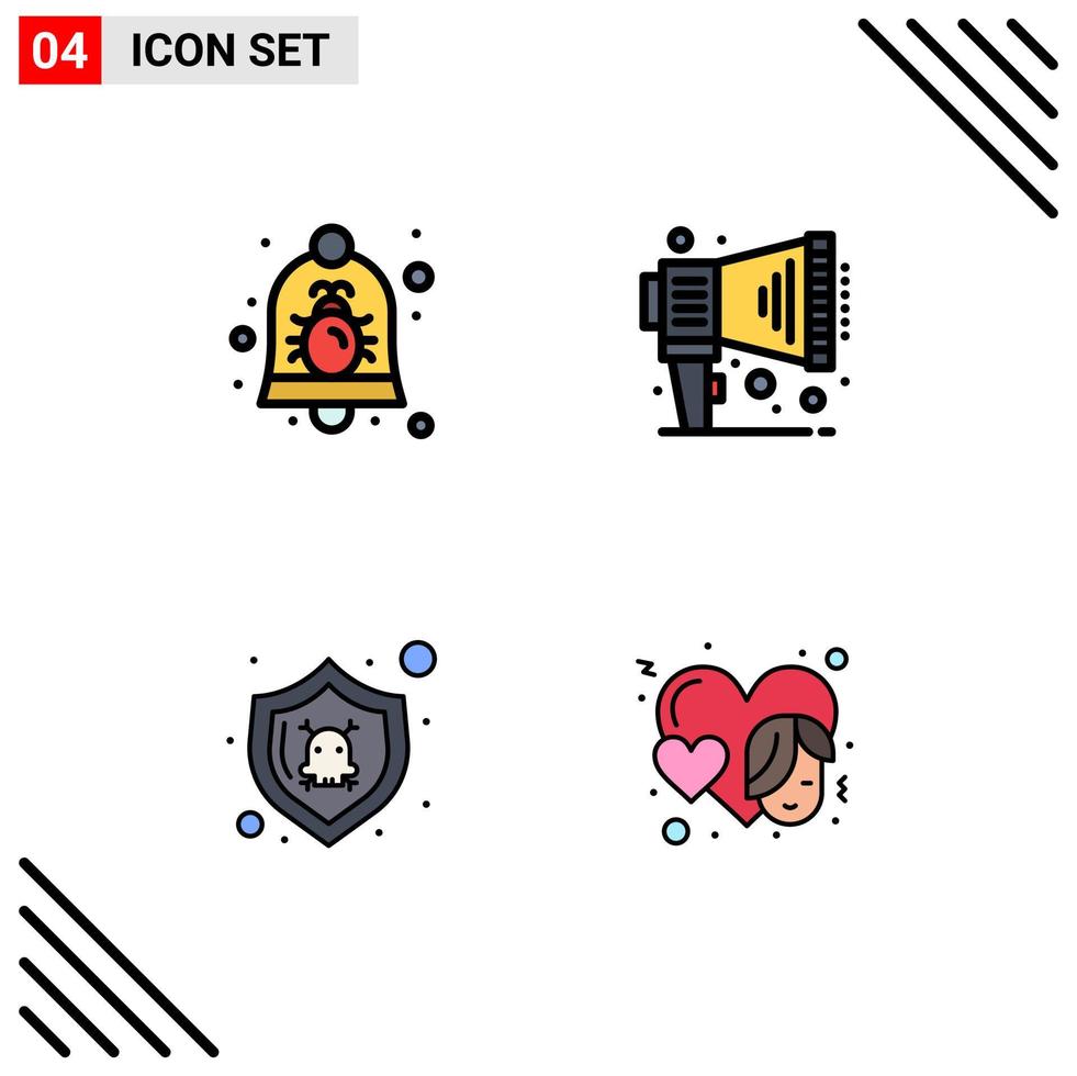 Modern Set of 4 Filledline Flat Colors Pictograph of bug protect notification megaphone shield Editable Vector Design Elements