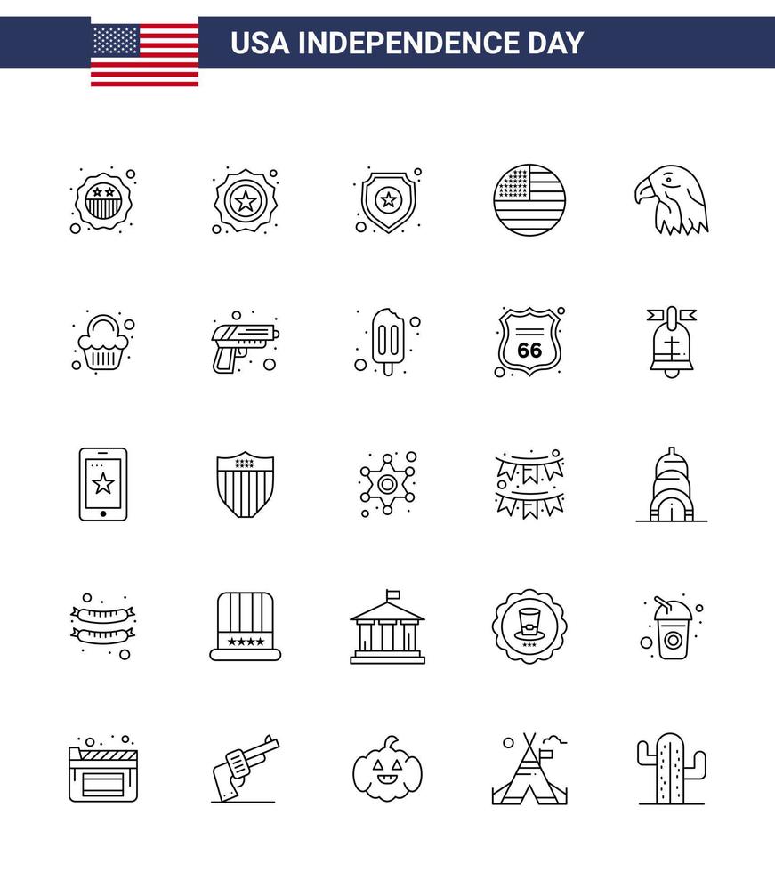 4th July USA Happy Independence Day Icon Symbols Group of 25 Modern Lines of party usa american eagle animal Editable USA Day Vector Design Elements