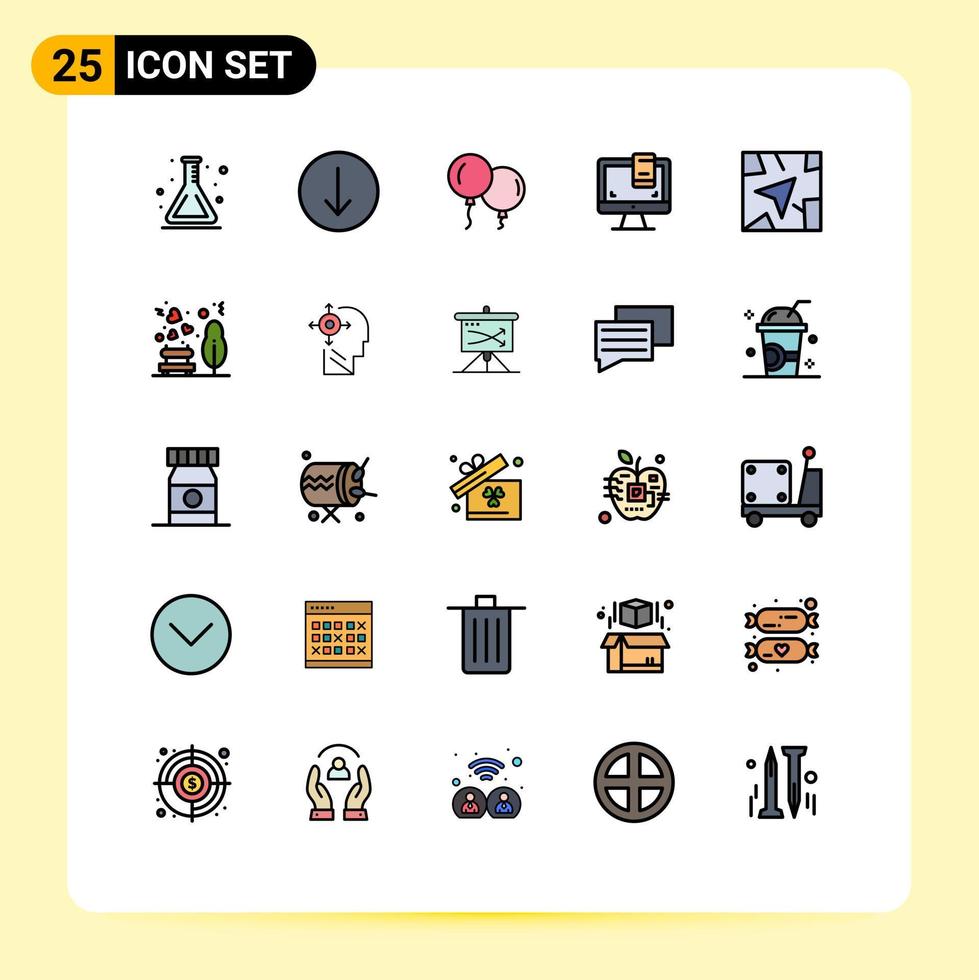grupo de 25 colores planos de líneas llenas modernas para elementos de diseño de vectores editables del monitor gps de navegación en el jardín