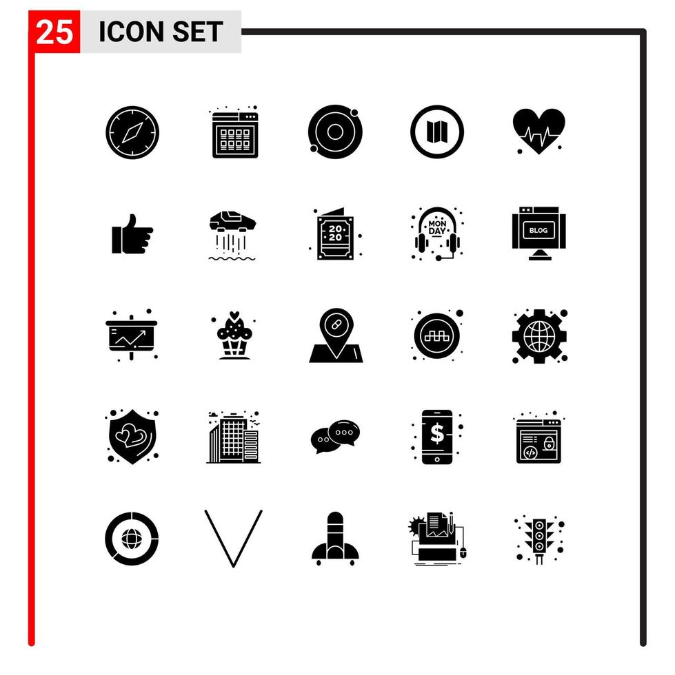 Group of 25 Modern Solid Glyphs Set for heart map purchase location structure Editable Vector Design Elements