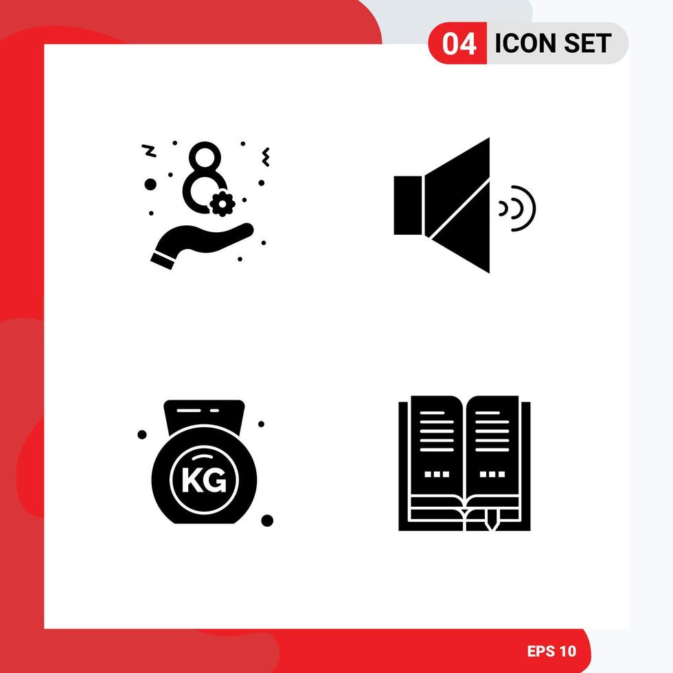 Universal Icon Symbols Group of 4 Modern Solid Glyphs of day book mute dumbbell open Editable Vector Design Elements