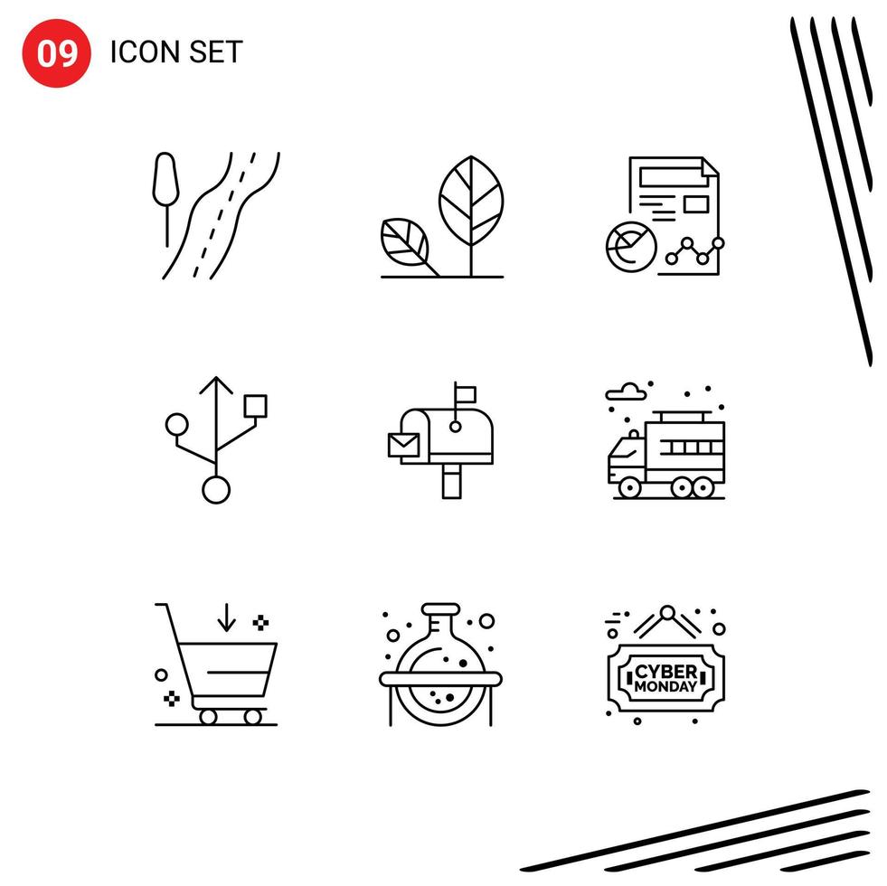 Pack of 9 Modern Outlines Signs and Symbols for Web Print Media such as mail box mail report usb business Editable Vector Design Elements