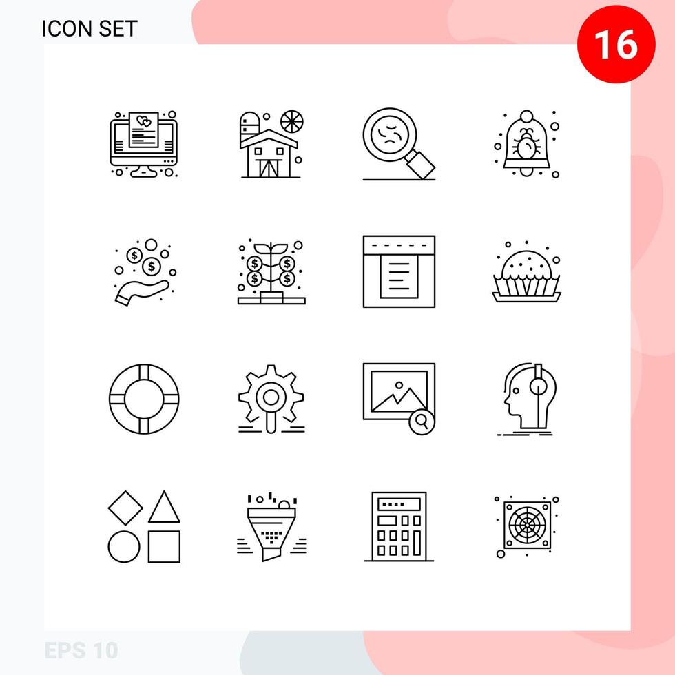 Pictogram Set of 16 Simple Outlines of income security bacteria notification alarm Editable Vector Design Elements