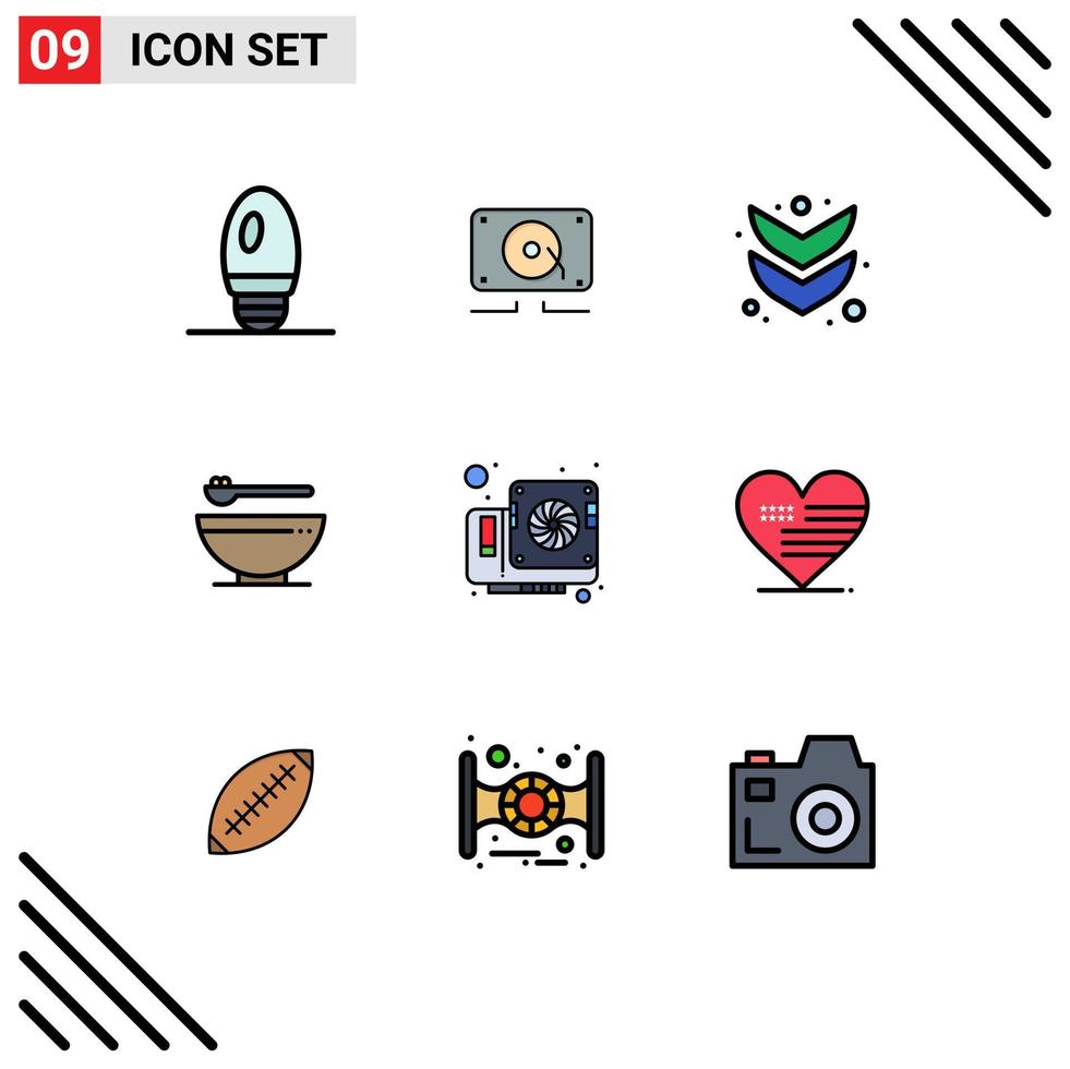 9 Thematic Vector Filledline Flat Colors and Editable Symbols of video computer down card kitchen Editable Vector Design Elements