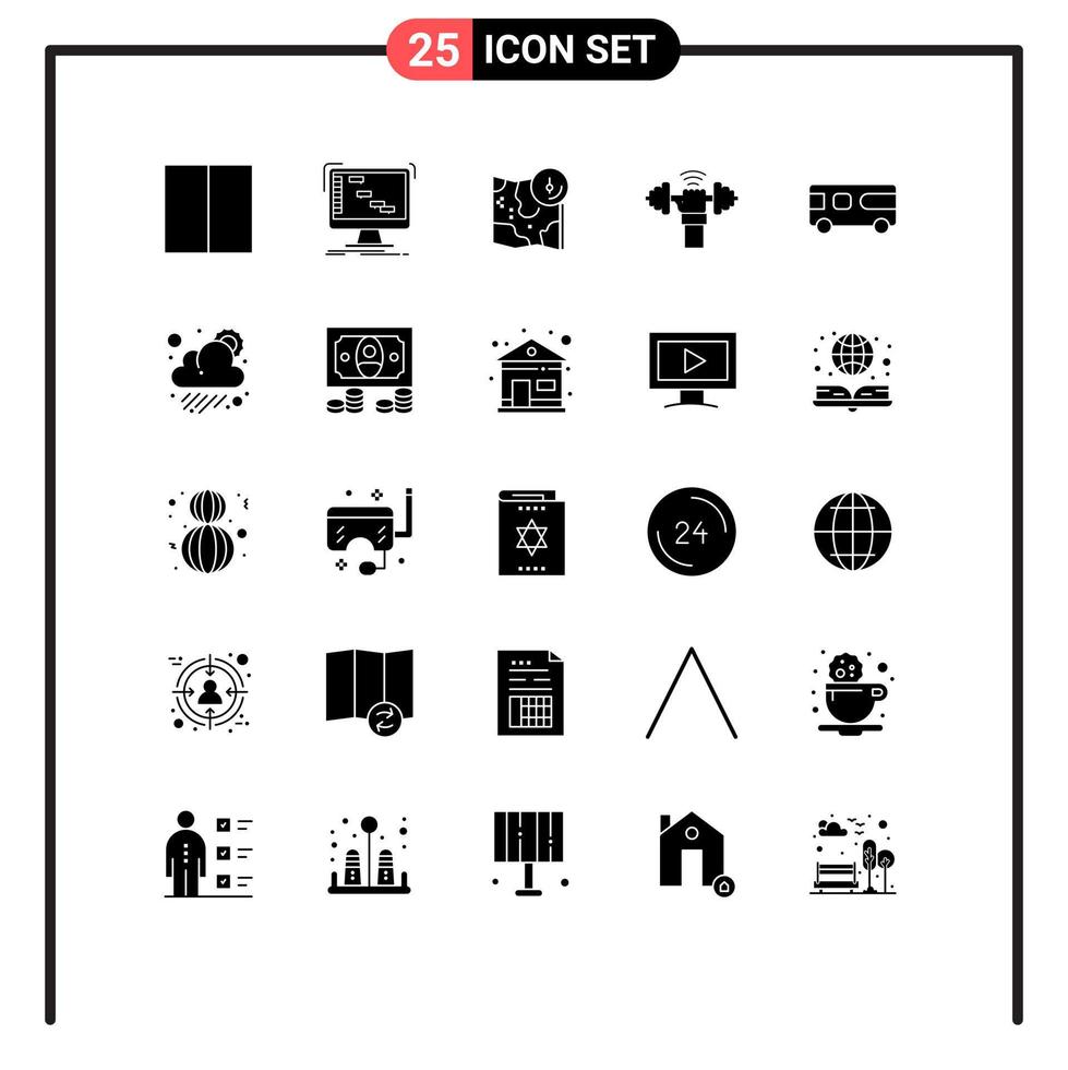 Modern Set of 25 Solid Glyphs Pictograph of bus power google lifting dumbbell Editable Vector Design Elements