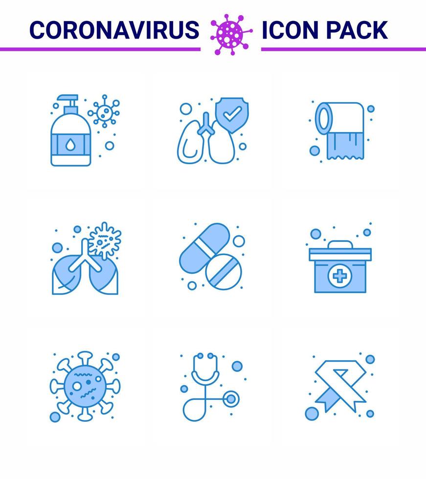 Covid19 icon set for infographic 9 Blue pack such as tablet medicine roll pneumonia disease viral coronavirus 2019nov disease Vector Design Elements