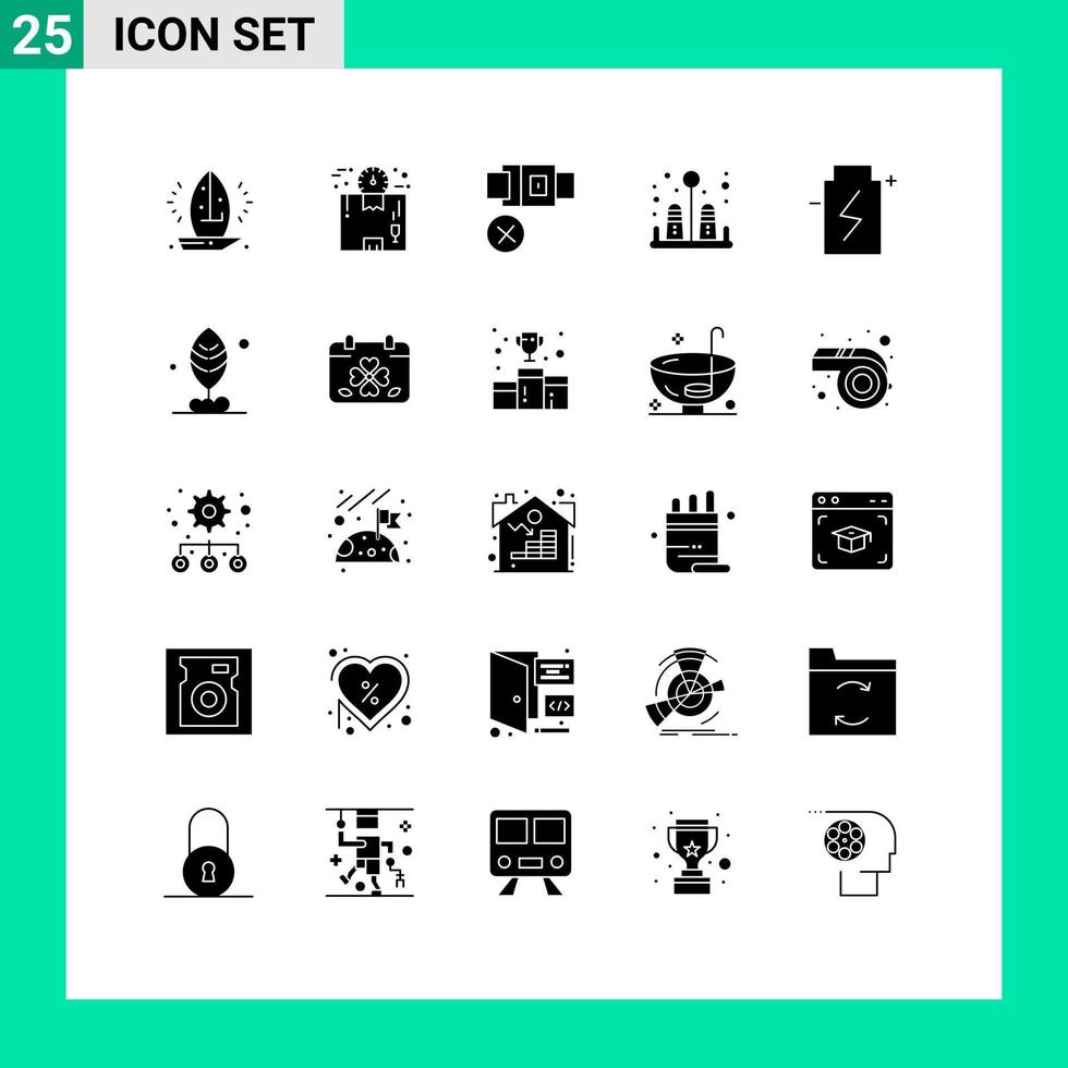 Group of 25 Solid Glyphs Signs and Symbols for battery salt package pepper lock Editable Vector Design Elements