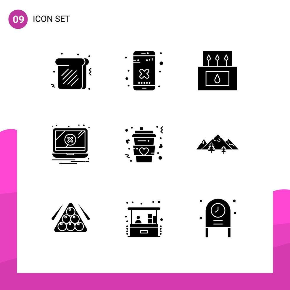 9 Universal Solid Glyphs Set for Web and Mobile Applications drink coffee camp warning notification Editable Vector Design Elements