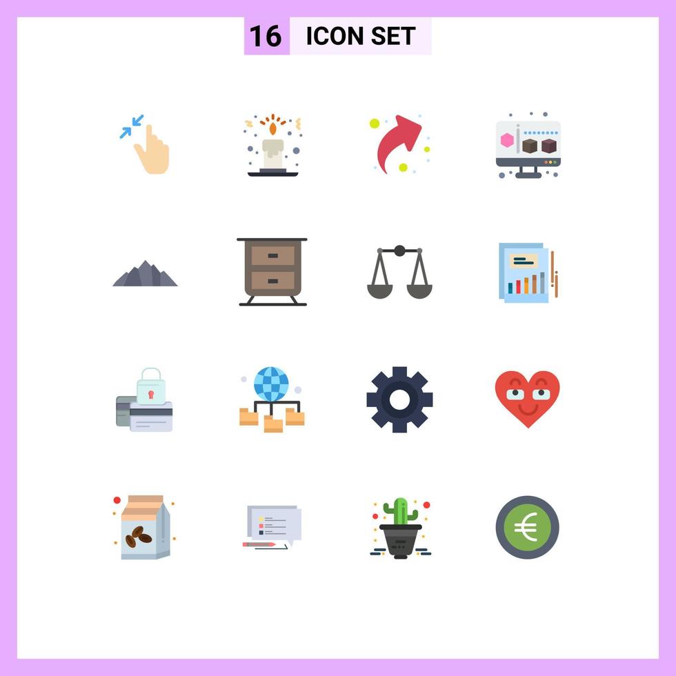 Pack of 16 Modern Flat Colors Signs and Symbols for Web Print Media such as nature hill arrow computer cube Editable Pack of Creative Vector Design Elements